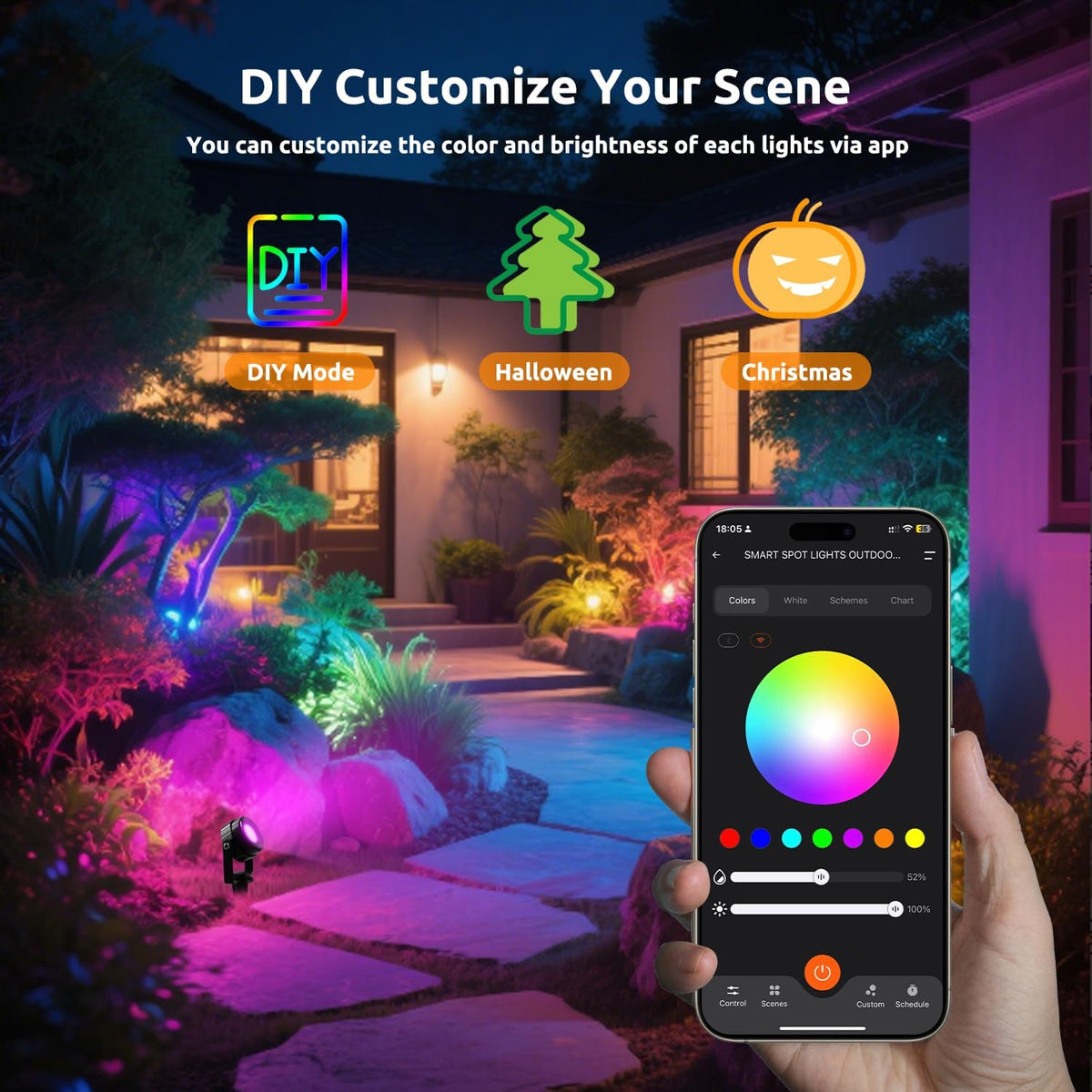 Smart RGBW Spot Lights Outdoor, 8 Pack Low Voltage Landscape Lighting with APP & Remote Control