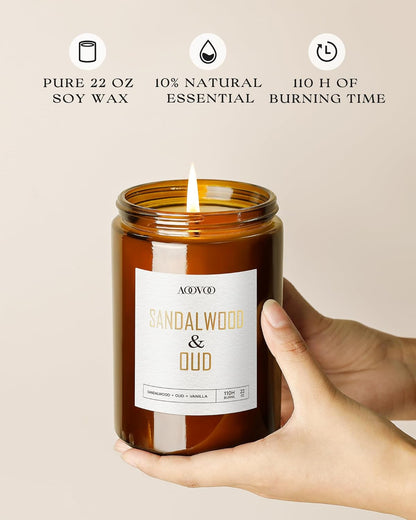 AOOVOO Sandalwood Oud Candle - Large Scented Candles 22oz, Soy Candles, Aromatherapy Candle, Soy