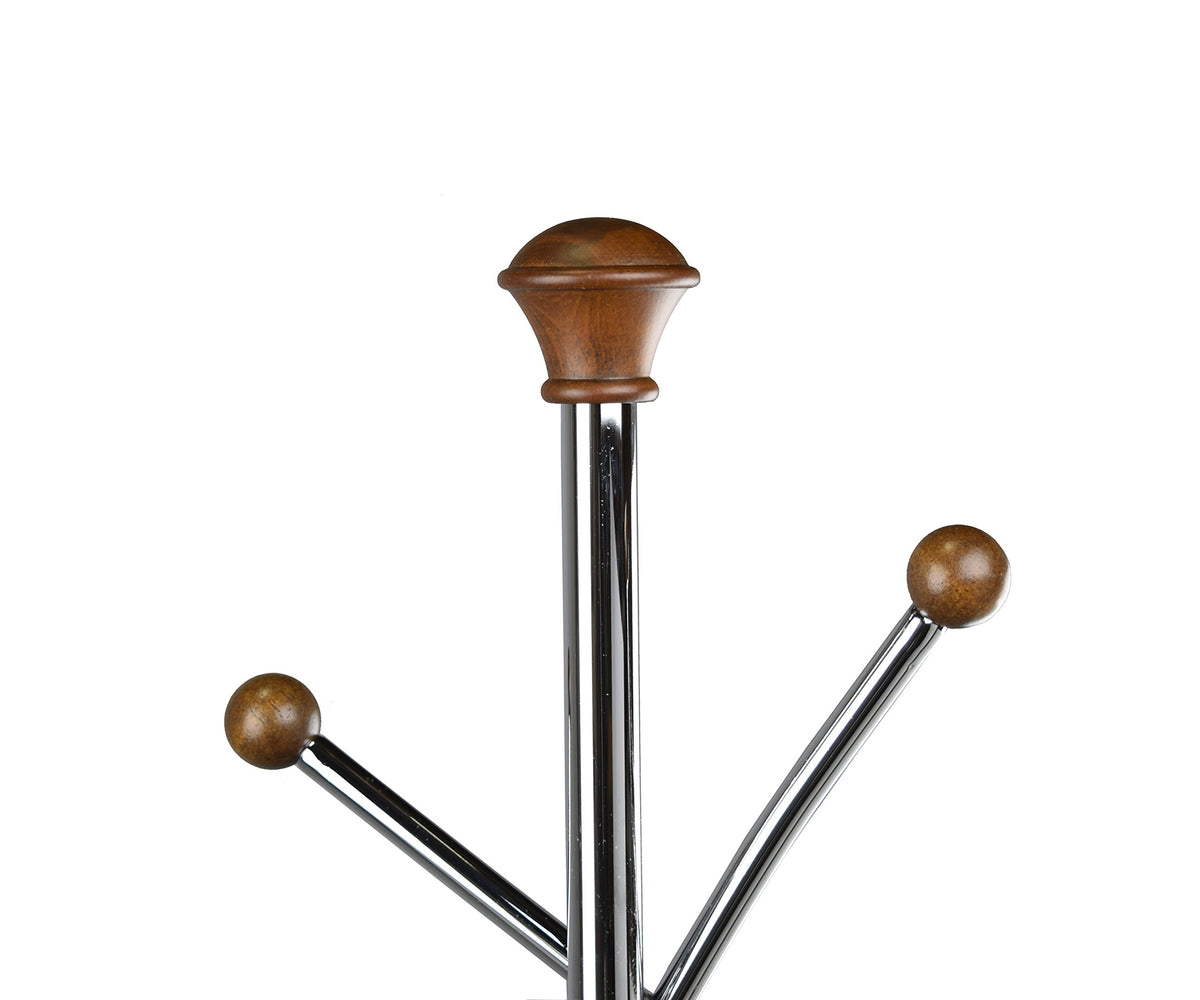Proman Products Freestanding Modern Metal Coat Rack Tree Stand Organizer with 6 Wooden Hooks for