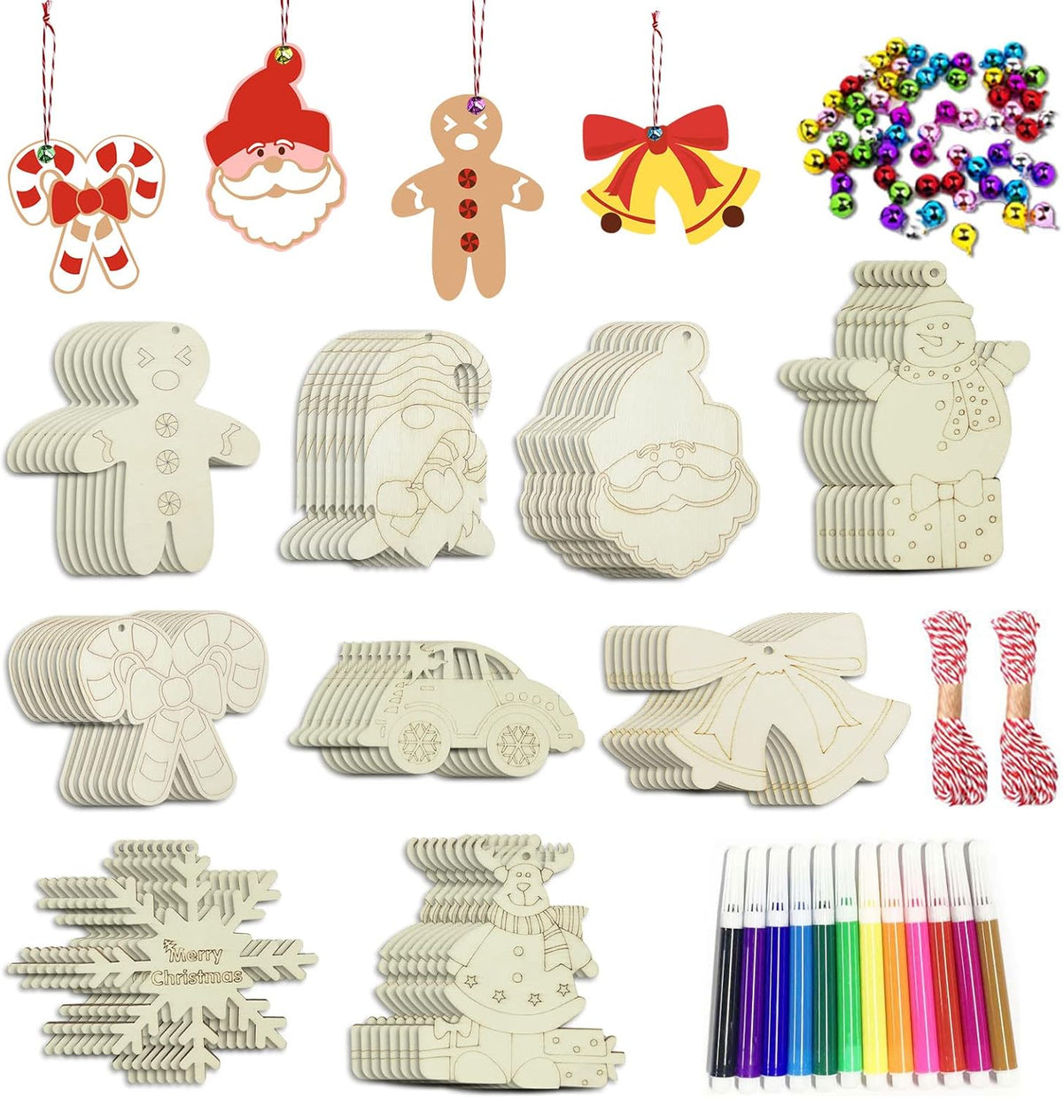 Wooden Christmas Ornaments, 176 PCS Unfinished Predrilled Wood Ornaments Set with 72 Blank Wood