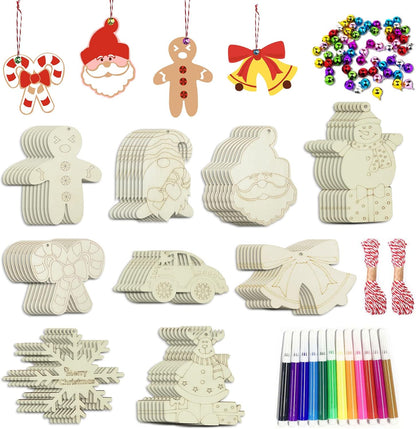 Wooden Christmas Ornaments, 176 PCS Unfinished Predrilled Wood Ornaments Set with 72 Blank Wood