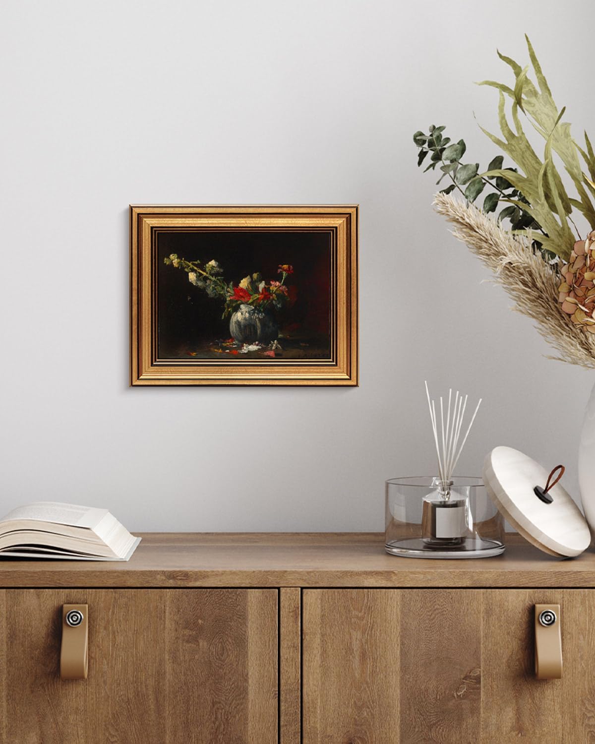 HUARCEY Gold Framed Vintage Wall Art for Living Room, Flowers Painting Prints Shelf Decor for