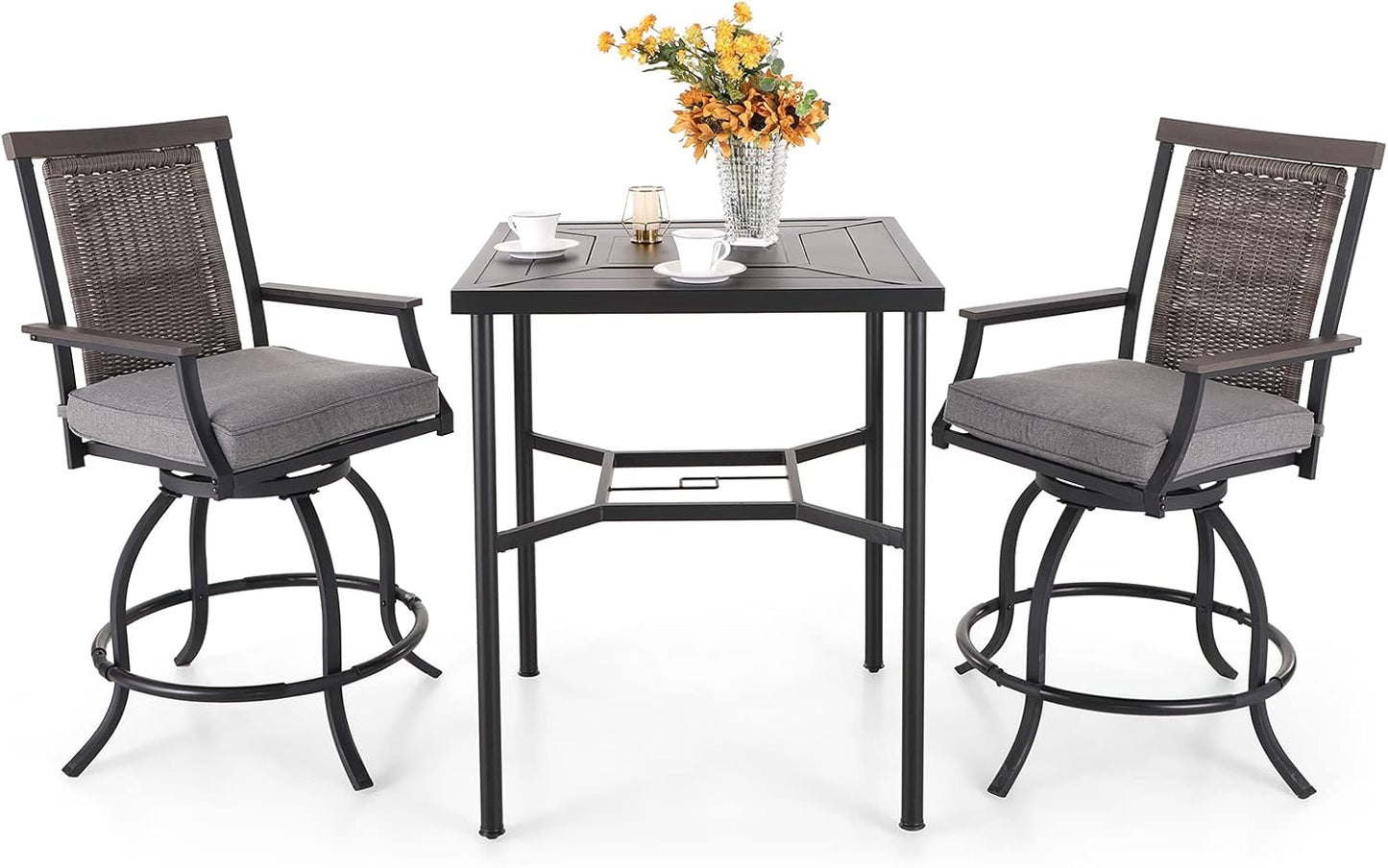 PHI VILLA 3 PCS Patio Bar Set, Bar Height Chair with 3.5" Thicker Cushion & Retro-Metal Square