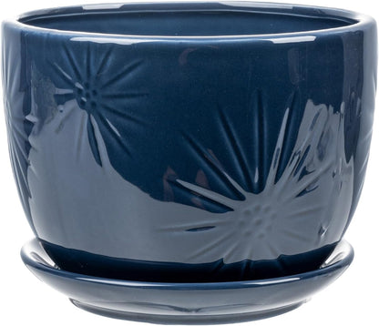 MyGift 7 Inch Round Blue Ceramic Plant Pot with Drainage Hole and Attached Saucer, Modern