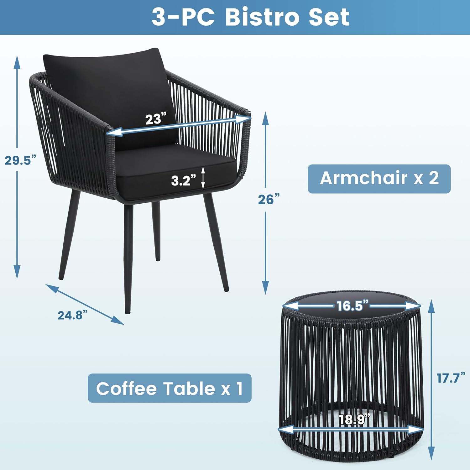 Kromax 3 Pieces Patio Rattan Bistro Conversation Set, Outdoor All-Weather Wicker Furniture Chairs