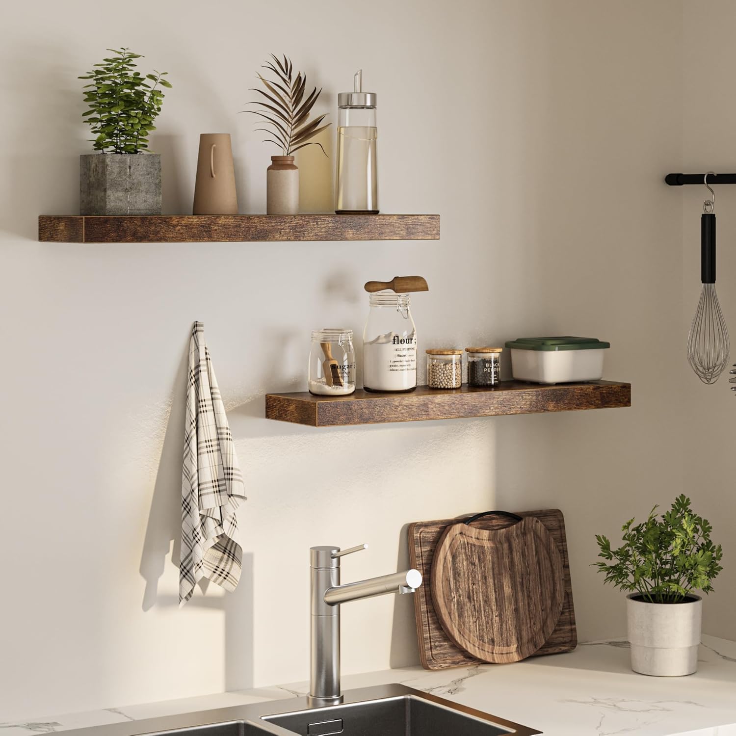 Floating Shelves for Wall, 31.5"W x 6.7"D x 1.5"H, Wooden Wall Mounted Display Shelf with Invisible