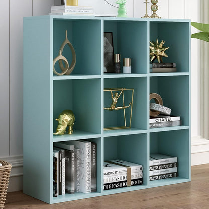 9-Cube Storage Shelf Bookcase - Wooden 3-Tier Floor Standing Open Bookshelf for Home and Office