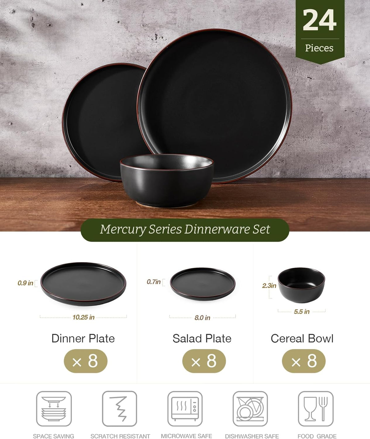 Famiware Mercury 24 Pieces Dinnerware Sets, Plates and Bowls Sets for 8, Microwave and Dishwasher
