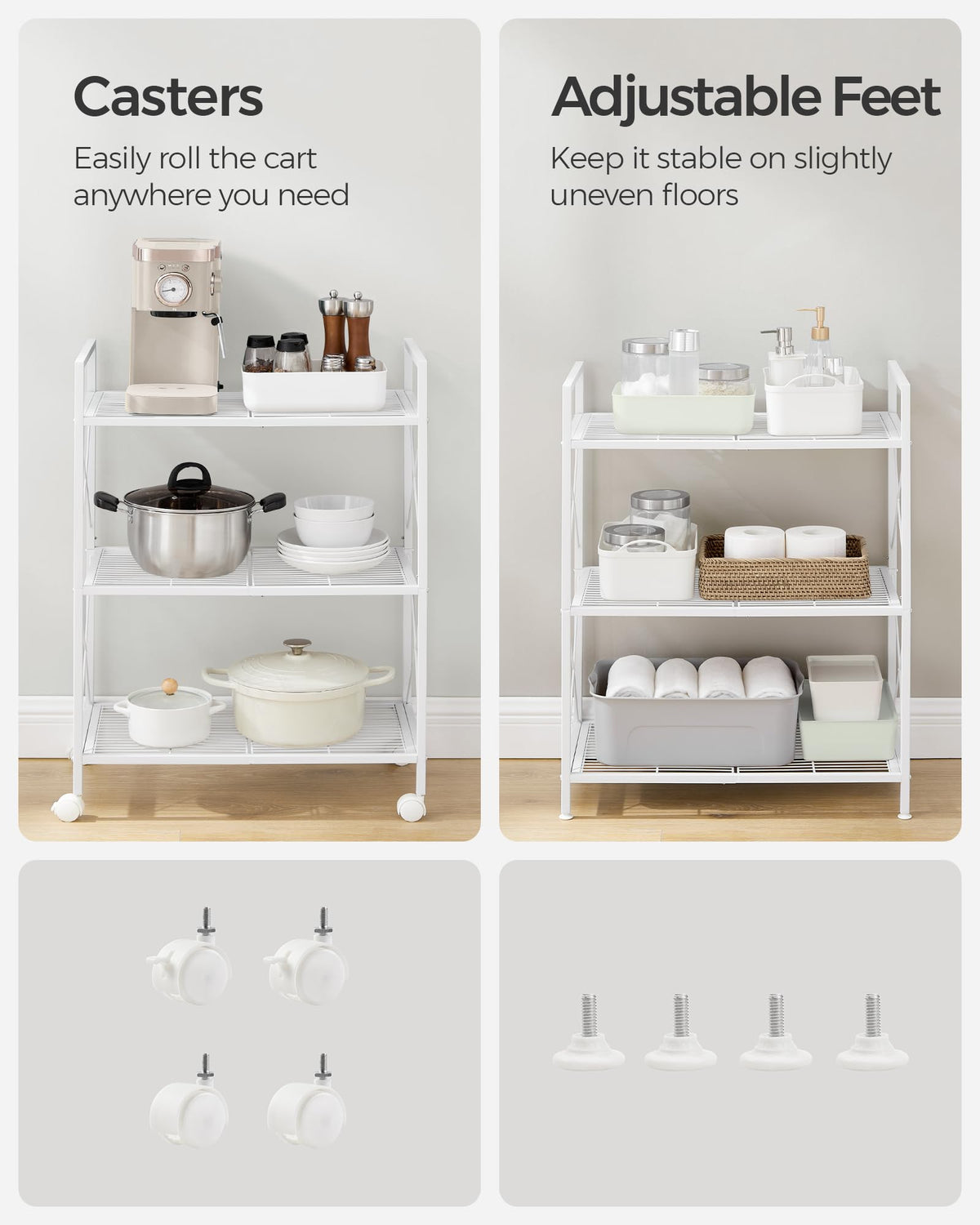 SONGMICS 3-Tier Metal Storage Rack with Wheels, Mesh Shelving Unit with X Side Frames, 23.6-Inch