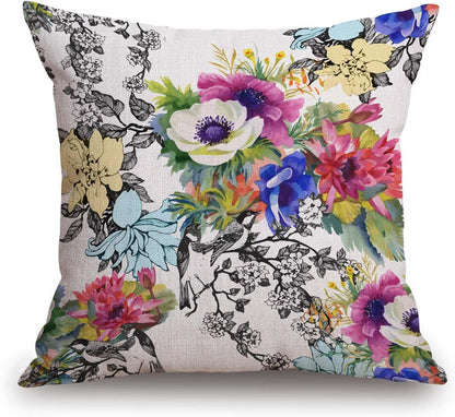 TSSOHU Throw Pillow Cover Vivid Colorful Garden Print Blossoming Wildflowers Birds Leaves Branches