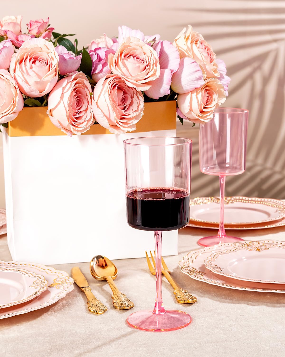 Ciaell 12 Pack Pink Plastic Wine Glasses - 10 Oz Disposable Wine Glasses with Stem for Parties &