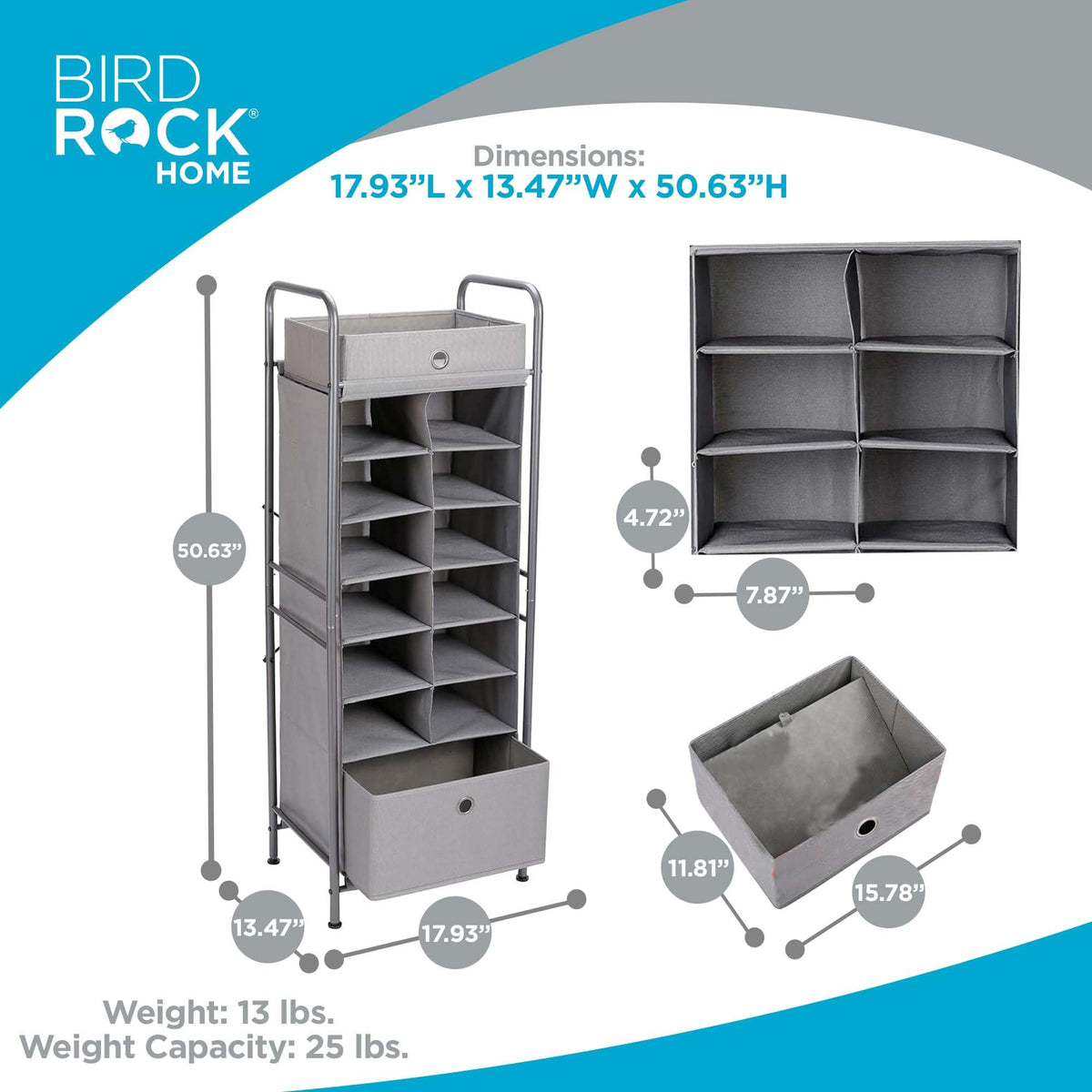 BIRDROCK HOME 12 Cubby Vertical Shoe Rack Organizer with Large Drawer - Grey - Free Standing Tower