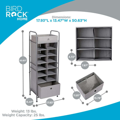 BIRDROCK HOME 12 Cubby Vertical Shoe Rack Organizer with Large Drawer - Grey - Free Standing Tower