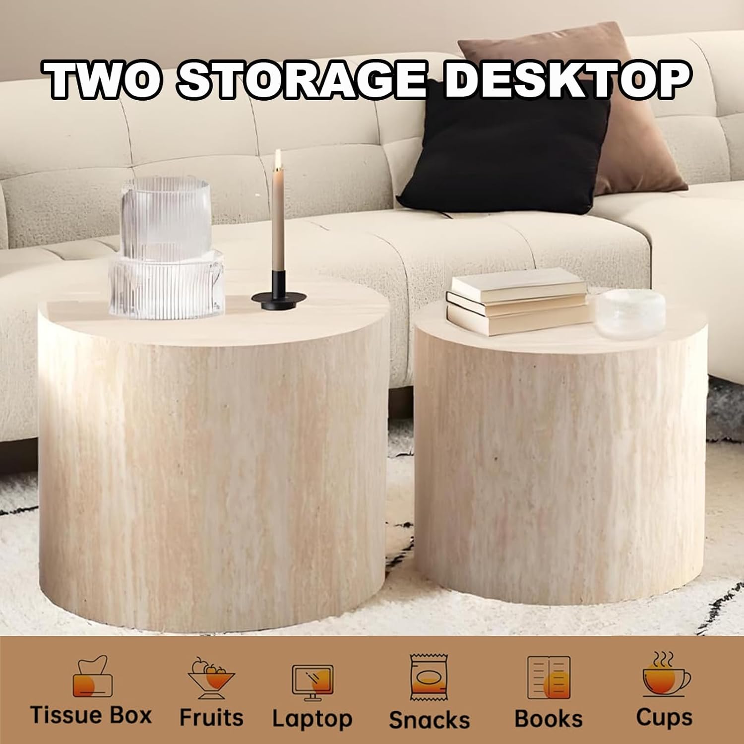 Nesting Coffee Table Set of 2 Modern Small Round Coffee Table and End Table Sets Wooden Drum Side
