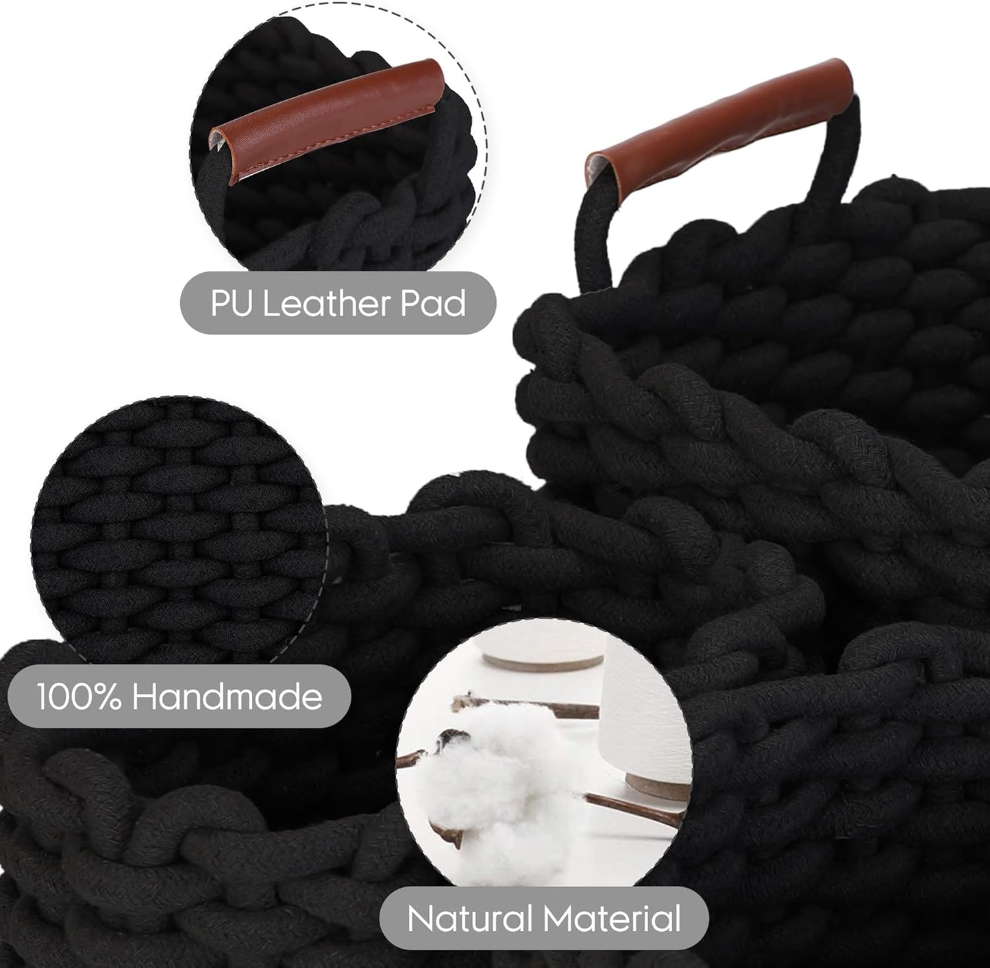 Sea Team 3-Pack Rectangle Woven Cotton Rope Storage Baskets with Handles, Shelf Basket, Closet