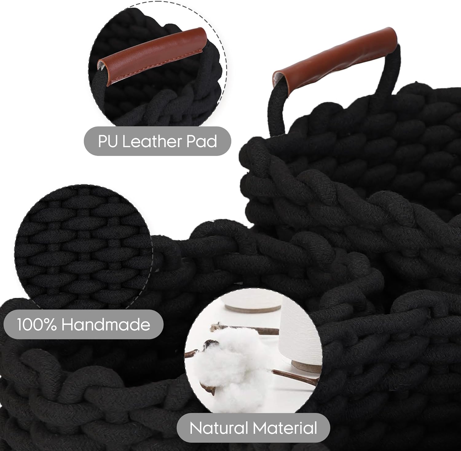 Sea Team 3-Pack Rectangle Woven Cotton Rope Storage Baskets with Handles, Shelf Basket, Closet