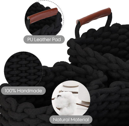 Sea Team 3-Pack Rectangle Woven Cotton Rope Storage Baskets with Handles, Shelf Basket, Closet