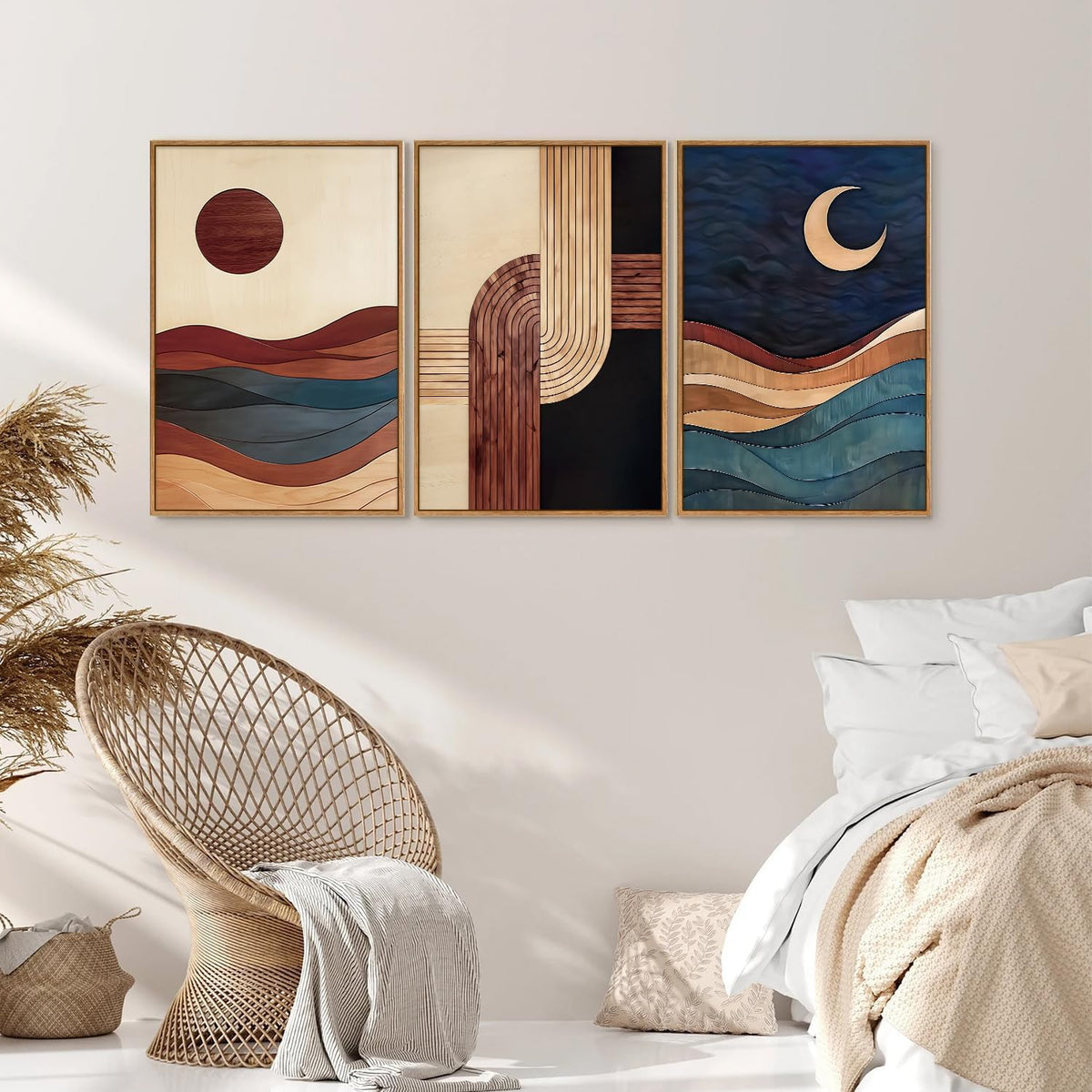 SIGNINART Boho Mid Century Modern Framed Canvas Wall Art, Bohemian Geometric Wall Decor, Abstract
