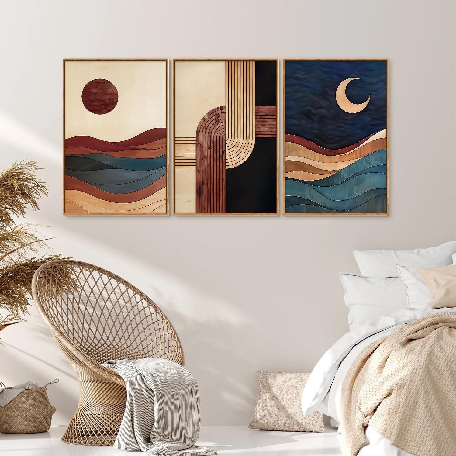 SIGNINART Boho Mid Century Modern Framed Canvas Wall Art, Bohemian Geometric Wall Decor, Abstract