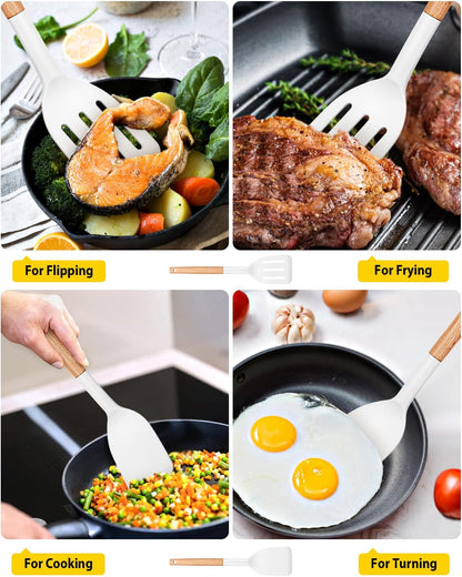 Pack of 2 Silicone Cooking Spatula, Heat Resistant Solid Turner, Non Stick Slotted Spatulas with