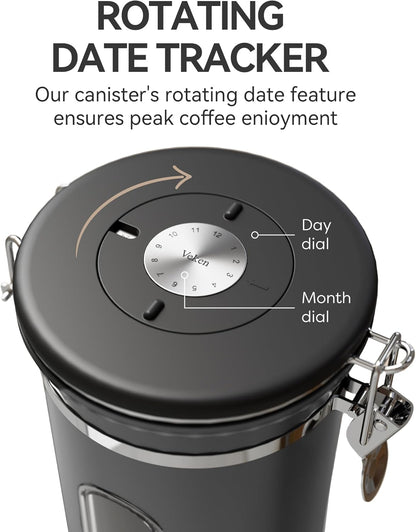 Veken Coffee Canister with Window,Airtight Stainless Steel Kitchen Food Storage Container, Date