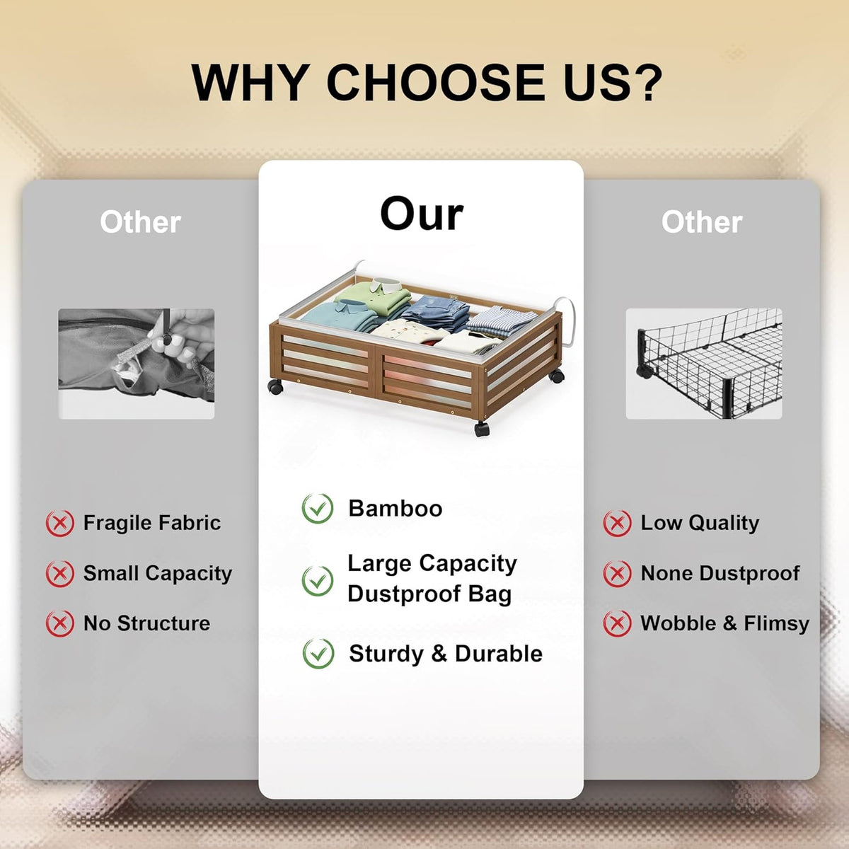Under Bed Storage with Wheels-Large Bamboo Underbed storage Containers with Large Dust Bag