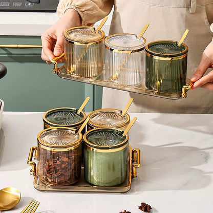 Acrylic Condiment Spice Jars,Condiment Spice Box With Lids and Spoons and Tray,Clear Plastic