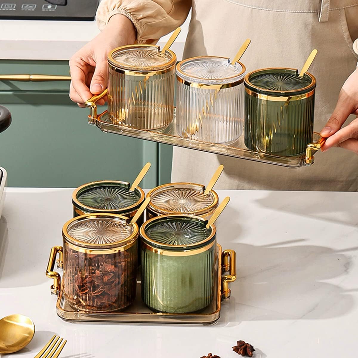 Acrylic Condiment Spice Jars,Condiment Spice Box With Lids and Spoons and Tray,Clear Plastic Sugar