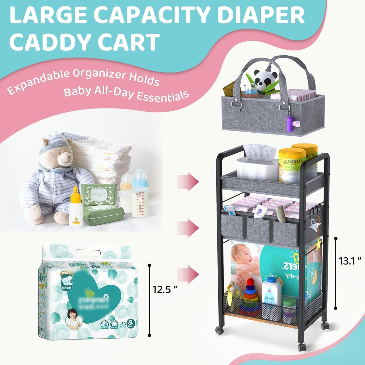 2IN1 Baby Diaper Caddy Organizer-3 Tier Rolling Storage Cart with Dividers - Bedside Diaper Caddy