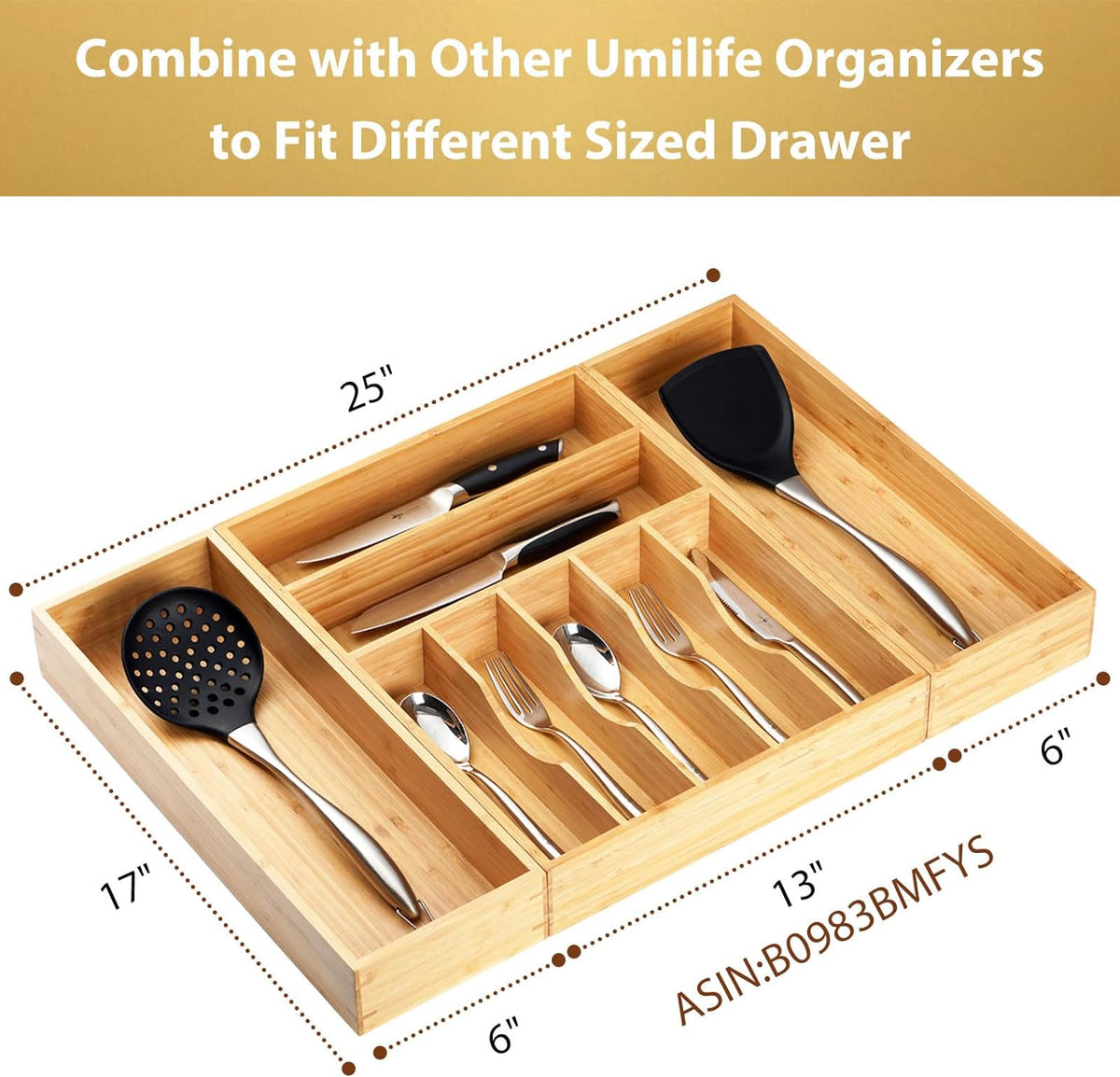 Umilife Bamboo Kitchen Utensils Organizer, Extra Long High Silverware Drawer Holder, Flatware