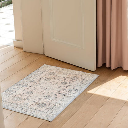 2'x3' Vintage Floral Rug - Persian Inspired Low-Pile Faux Wool Area Rug, Non-Slip Washable Small