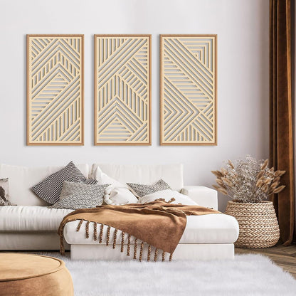 IARTTOP 3 Pieces Wood Boho Wall Art Framed Mid century Modern Wooden Wall Decor Large Minimalist