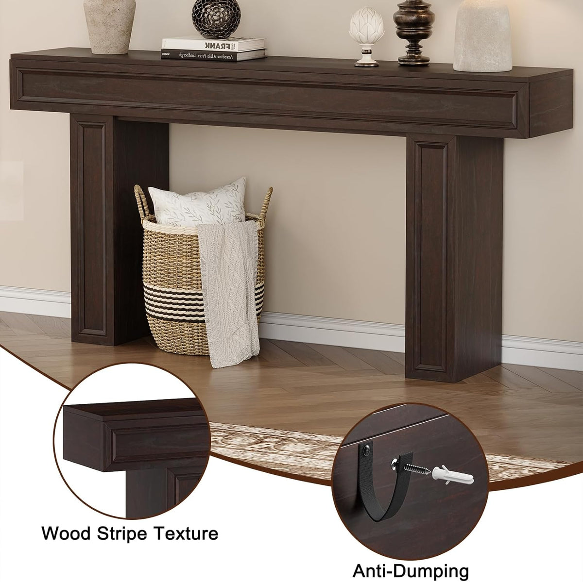 Rresyet 63 Inch Long Console Table, Sofa Table Behind Sofa, Wooden Entryway Table, Farmhouse