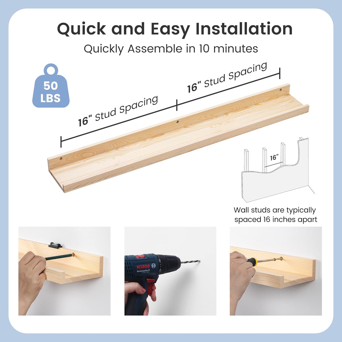 Picture Ledge Shelf for Wall, 36 inch Solid Pine Wood Nursery Book Shelves 2 Packs, Floating Ledge