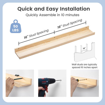 Picture Ledge Shelf for Wall, 36 inches Solid Pine Wood Nursery Book Shelves 3 Packs, Floating