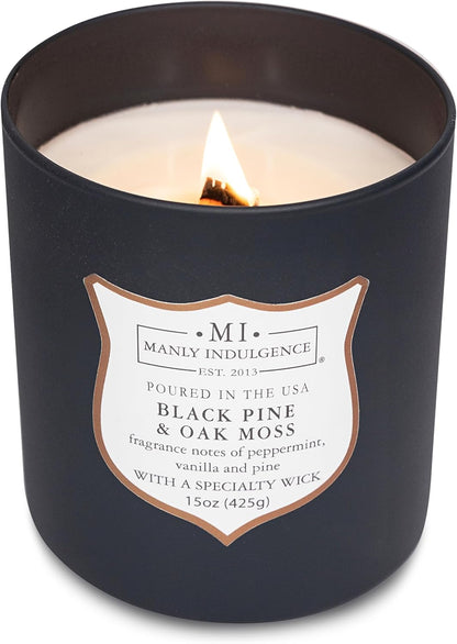 Manly Indulgence Black Pine Oakmoss Scented Candles for Men, 15 oz Wooden Wick, Premium Soy Blend