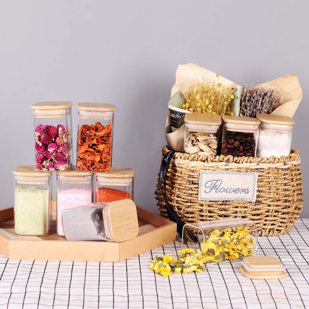 10 Pcs Glass Spice Jars - 8oz Empty Square Spice Storage Containers With Bamboo Airtight Lid and