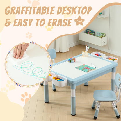 Multi Functional Kids Table and 2 Chairs Set, Graffiti & Building Blocks Double-Sided Tabletop