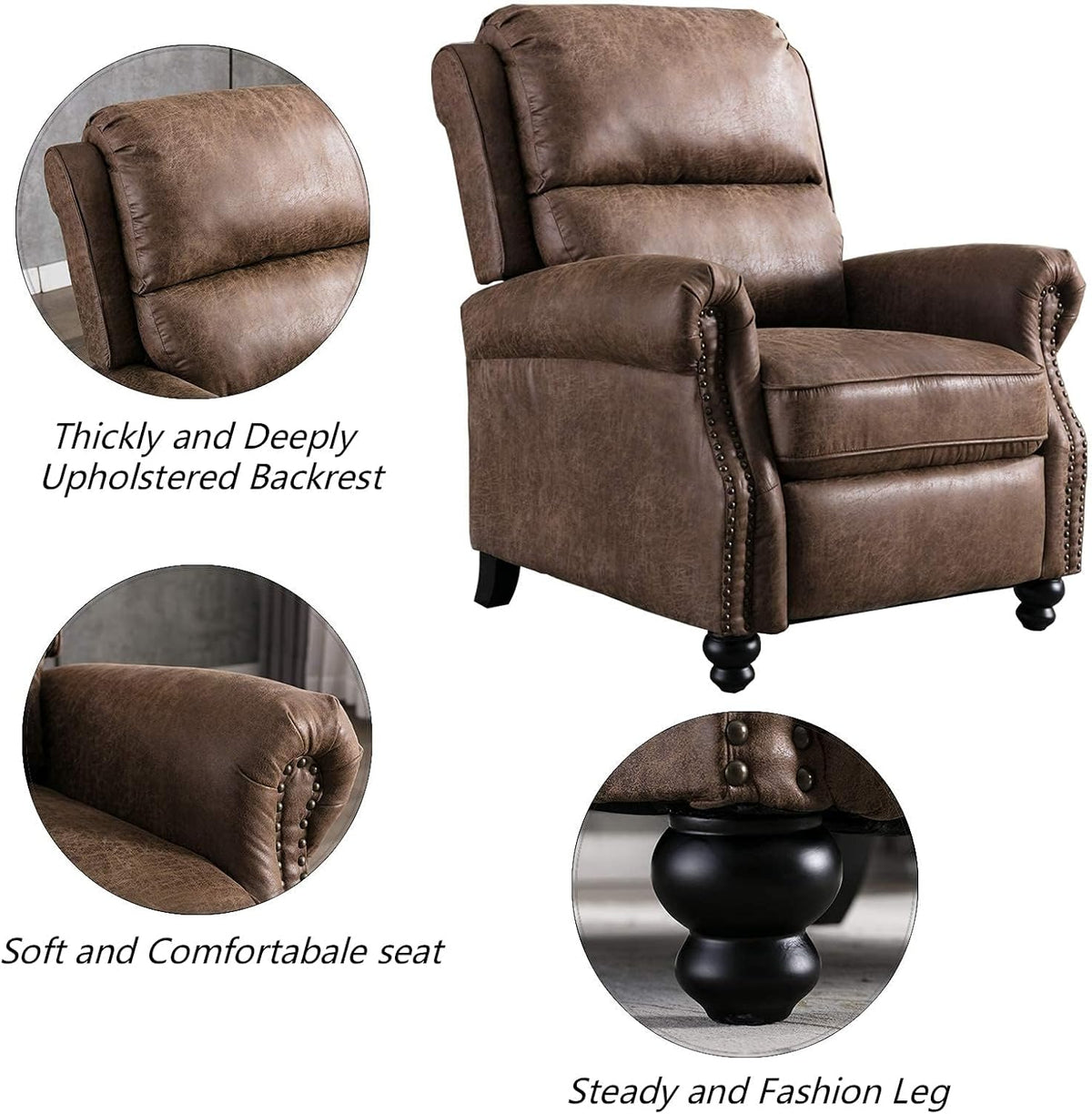 CANMOV Pushback Recliner Chair Set of 2, Faux Leather Armchair Push Back Recliner with Rivet