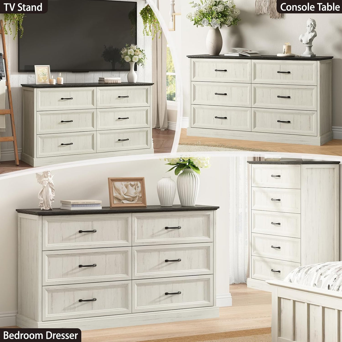 Farmhouse 6 Drawer Dresser for Bedroom, 55 Inch Wide Modern White Dresser TV Stand with Large