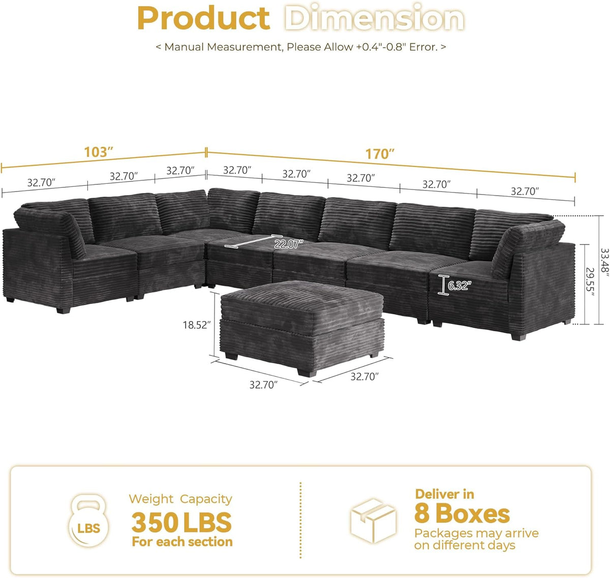 HOOOWOOO Modular Sectional Sofa,8 Pieces Sectional Couches for Living Room,164X66 L Shaped Cloud