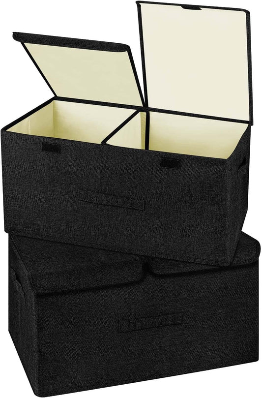 2 Pack Large Linen Fabric Collapsible Storage Bins with Lid and Handles, Washable Storage Box