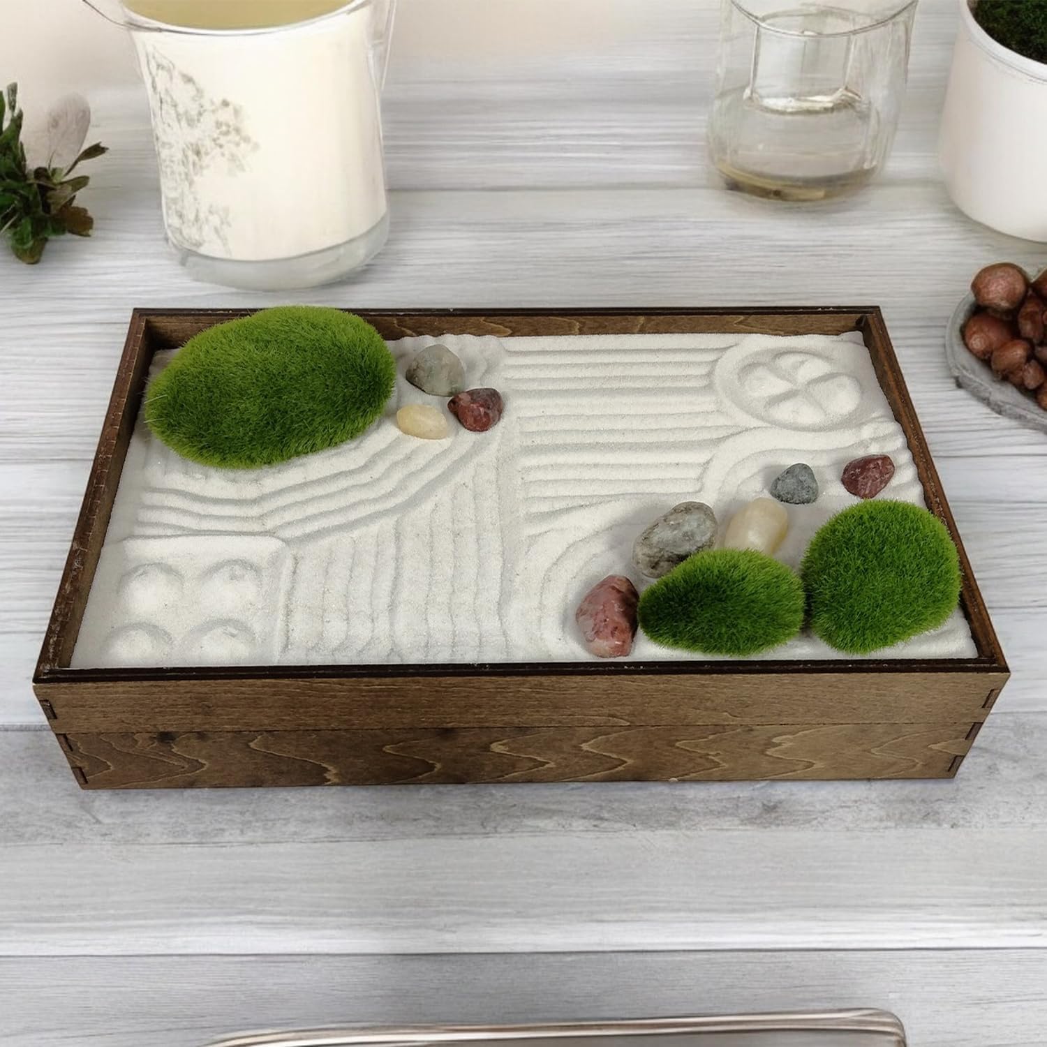 Wooden Stackable Zen Garden | White Sand with Rake & Accessories | Minimalist Decor Gift for