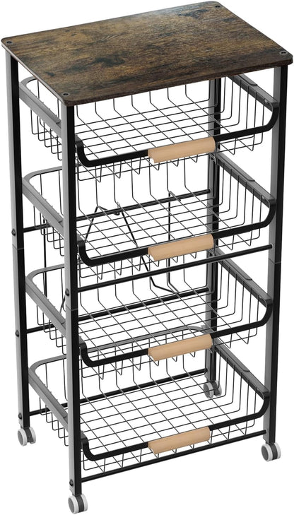 5-Layer Fruit Basket Kitchen Food Organizer and Rack, Stackable Storage Cart with Desktop, Pull-Out
