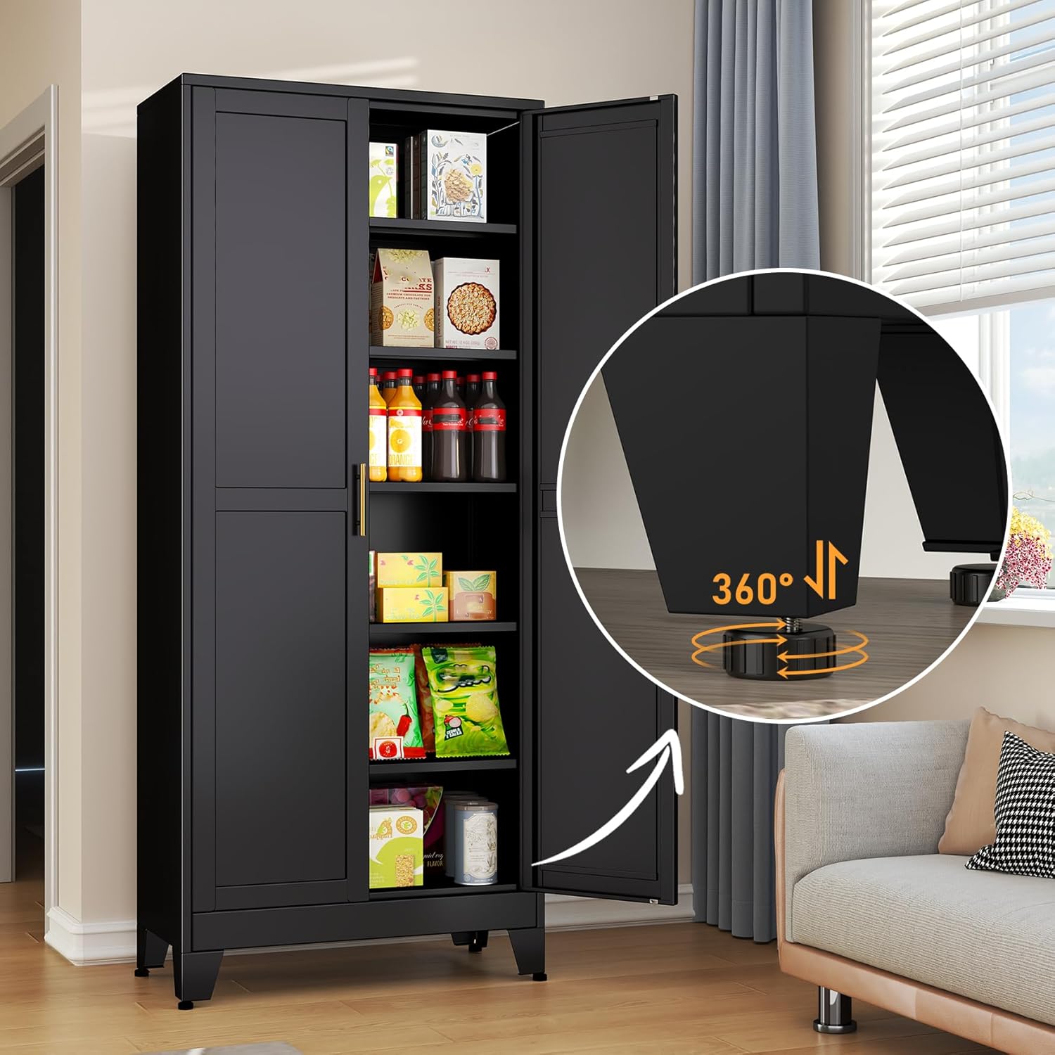 Black Metal Storage Cabinet,75" Steel Cabinets for Home Office, Kitchen Pantry Storage Cabinet with