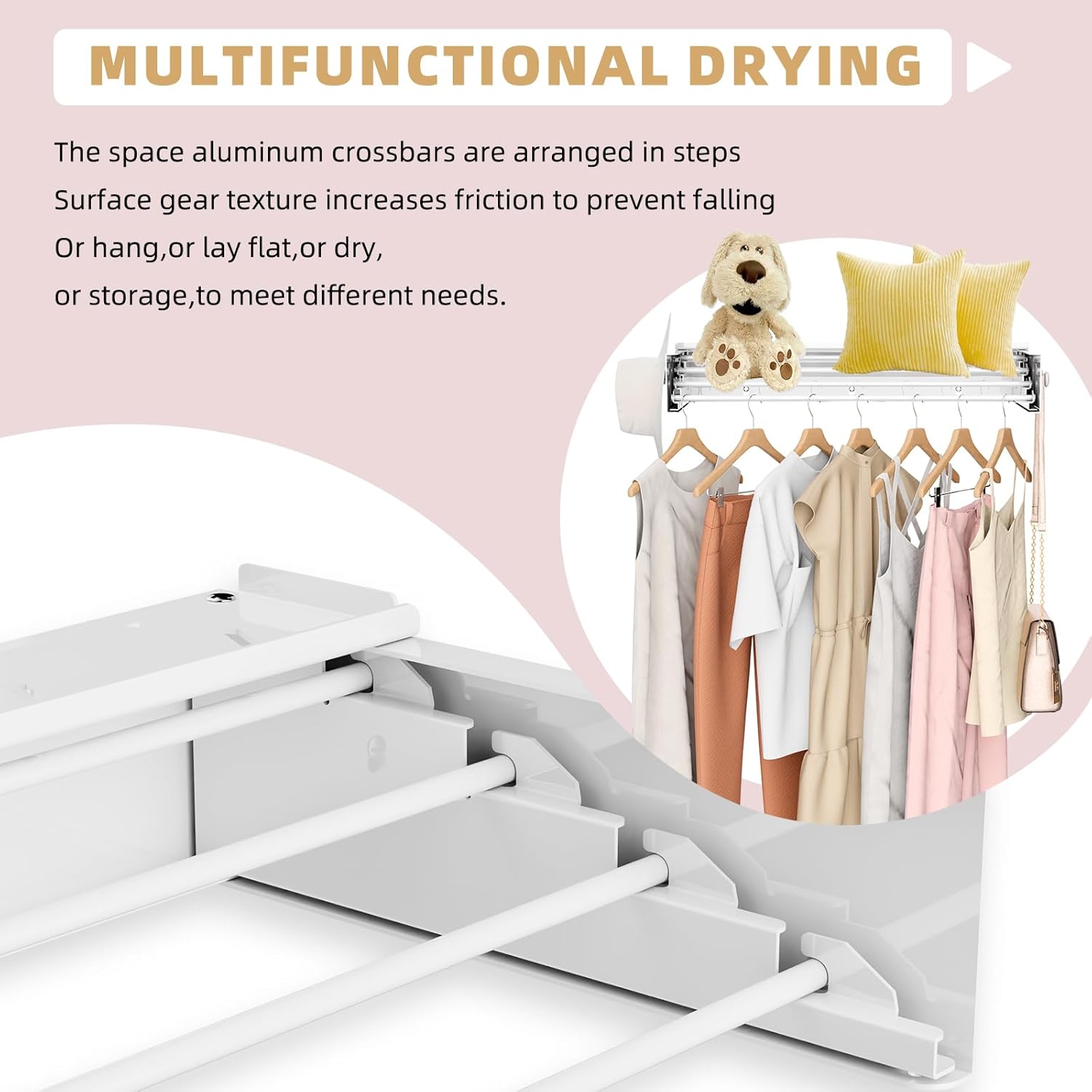 Wall Mounted Drying Rack with 4 Hooks and Shelf, Foldable Clothes Drying Rack for Laundry Room