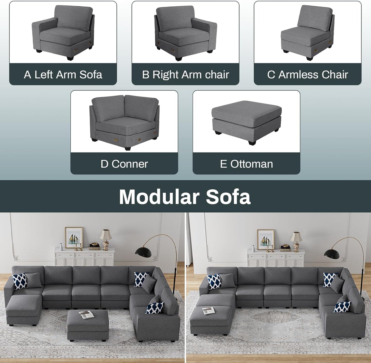 L Lengend Vansen Modular Sectional Sofa U Shaped Couch with Ottoman Modern Reversible Corner