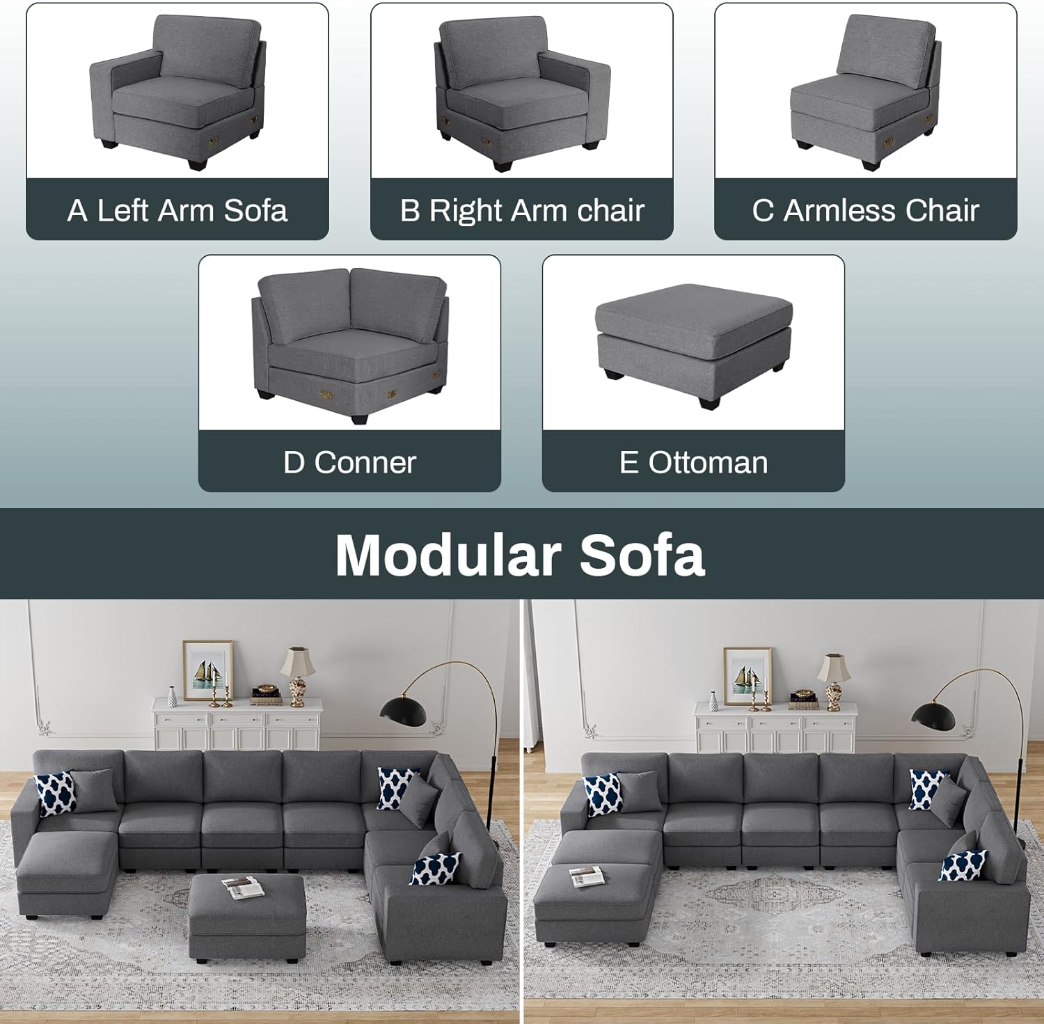L Lengend Vansen Modular Sectional Sofa U Shaped Couch with Ottoman Modern Reversible Corner