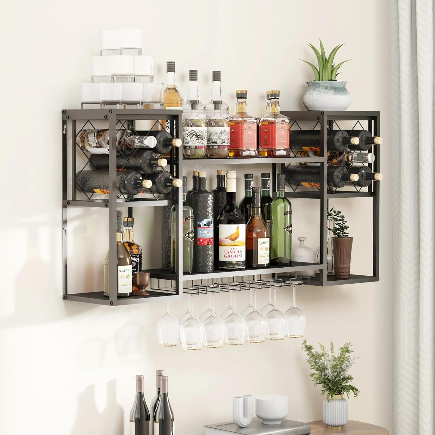 Wall Mounted Wine Rack with Glass Holder,Metal Floating Bar Liquor Shelves 2 Tier,Wine Glass Rack