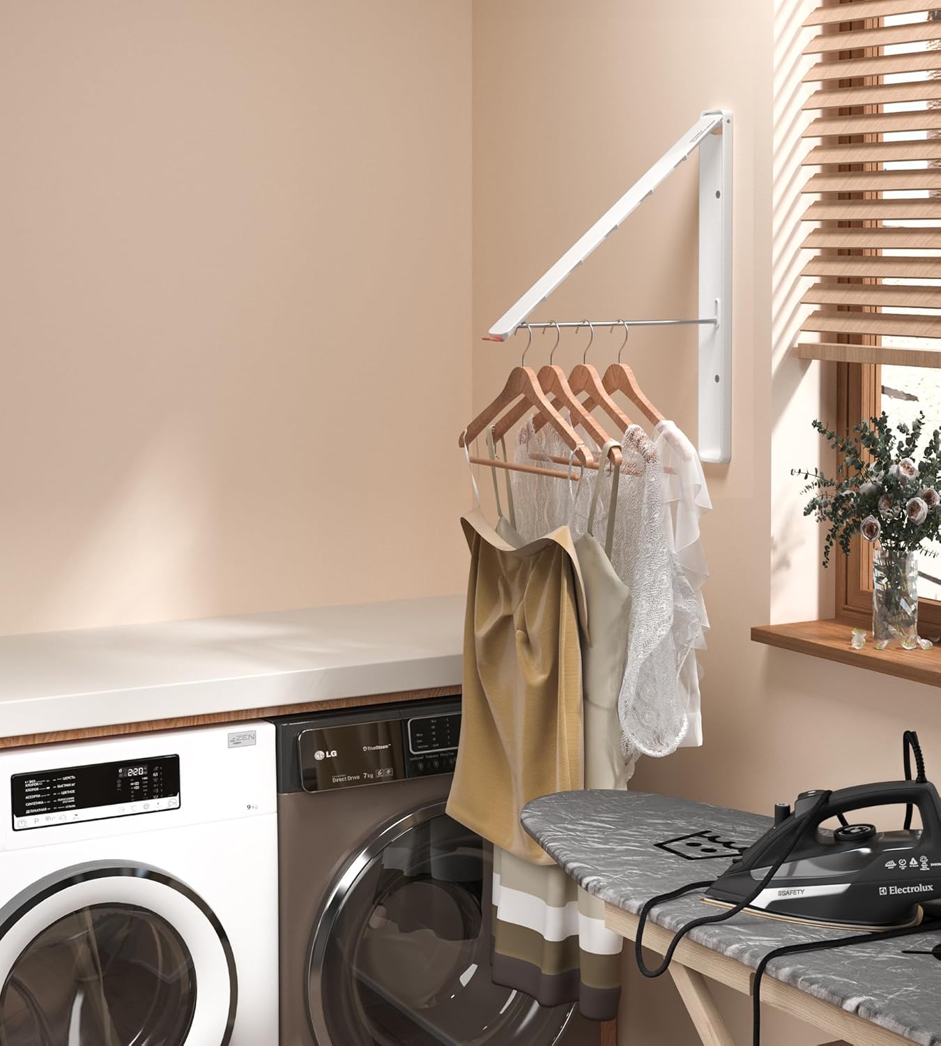 Dr.DJ Clothes Drying Rack with Rod, Wall-Mounted Retractable & Foldable Clothes Hanger for Laundry